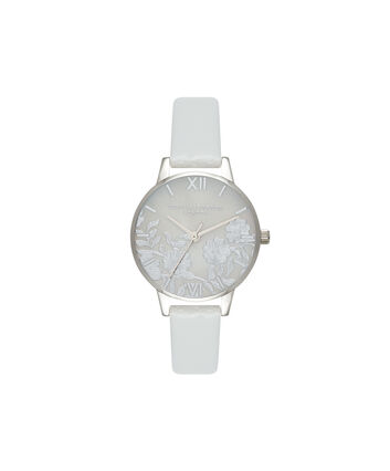 OLIVIA BURTON LONDON  Lace Detail Mother of Pearl Light Grey & Silver OB16MV93 &ndash; Midi Dial Round in Silver and Grey - Front view