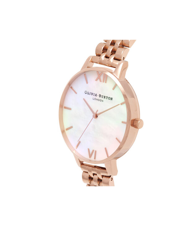 OLIVIA BURTON LONDON  Mother of Pearl White Bracelet, Rose Gold OB16MOP03 &ndash; Big Dial Round in Rose Gold and Rose Gold - Side view