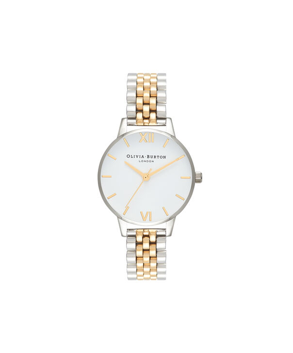 OLIVIA BURTON LONDON  Midi Dial White Dial Gold & Silver Bracelet Watch OB16MDW34 &ndash; Midi Dial in White and Silver and Gold - Front view