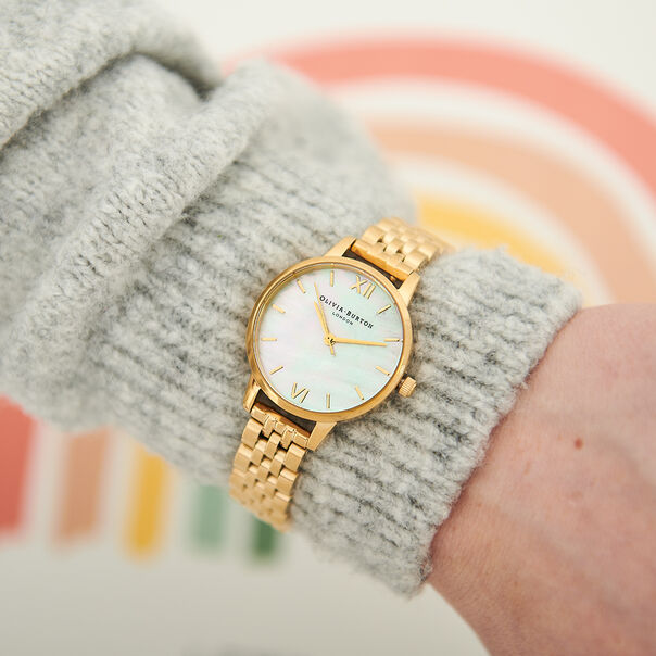 OLIVIA BURTON LONDON  Mother of Pearl White Bracelet, Gold OB16MOP01 &ndash; Midi Dial Round in Gold and Gold - Other view