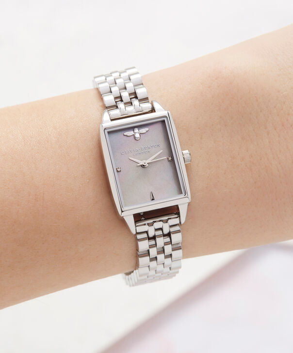 OLIVIA BURTON LONDON Bee Hive Grey Mother of Pearl Bracelet, SilverOB16BH03 &ndash; Midi Dial Rectangle in Silver and Silver - Other view