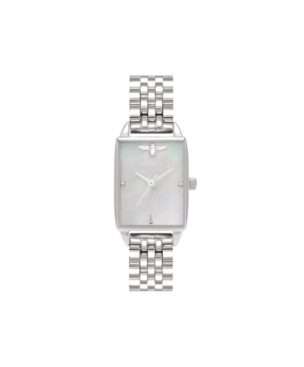 OLIVIA BURTON LONDON Bee Hive Grey Mother of Pearl Bracelet, SilverOB16BH03 &ndash; Midi Dial Rectangle in Silver and Silver - Front view