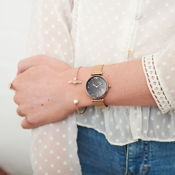 OLIVIA BURTON LONDON  Queen Bee Black Mother of Pearl Rose Gold Mesh OB16AM145 &ndash; Midi Dial Round in Rose Gold - Other view