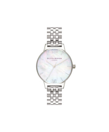 OLIVIA BURTON LONDON  Mother of Pearl White Bracelet, Silver OB16MOP02 &ndash; Midi Dial Round in Silver and Silver - Front view