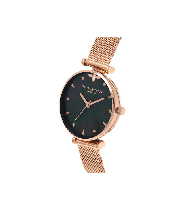 OLIVIA BURTON LONDON  Queen Bee Black Mother of Pearl Rose Gold Mesh OB16AM145 &ndash; Midi Dial Round in Rose Gold - Side view