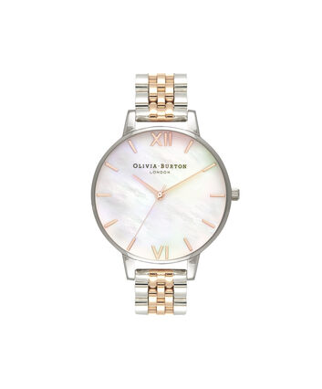 OLIVIA BURTON LONDON Mother of Pearl White Bracelet, Rose Gold & SilverOB16MOP06 &ndash; Big Dial Round in Silver and Rose Gold - Front view