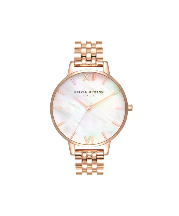OLIVIA BURTON LONDON  Mother of Pearl White Bracelet, Rose Gold OB16MOP03 &ndash; Big Dial Round in Rose Gold and Rose Gold - Front view
