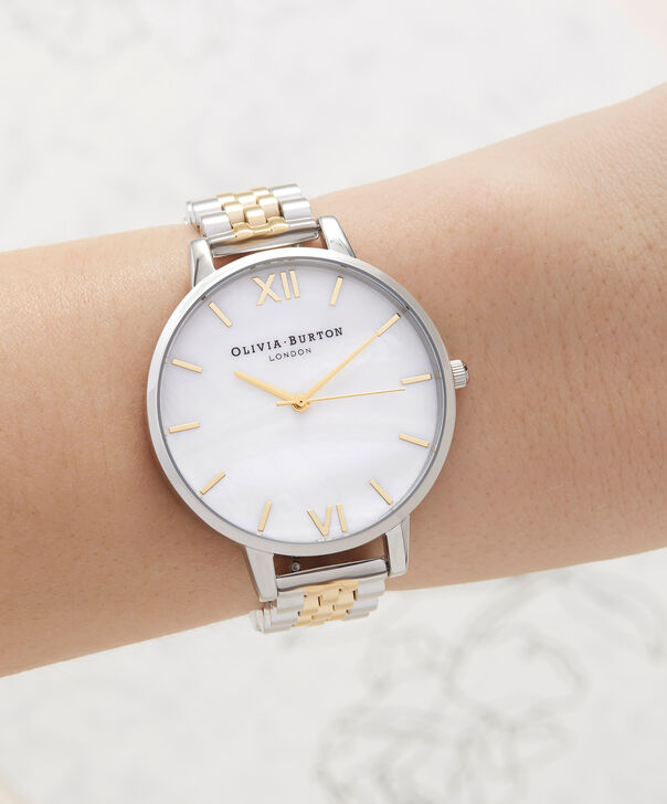 OLIVIA BURTON LONDON  Mother of Pearl White Bracelet, Gold & Silver OB16MOP05 &ndash; Big Dial Round in Gold and Silver - Other view