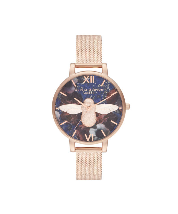 OLIVIA BURTON LONDON Big Dial 3D Bee Lapis Lazuli & Rose Gold Boucle MeshOB16SP11 &ndash; Big Dial in Rose Gold and Rose Gold - Front view