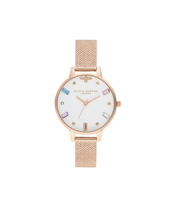 OLIVIA BURTON LONDON Rainbow Bee Pale Rose Gold Boucl&eacute; MeshOB16RB15 &ndash; Rainbow Bee Pale Rose Gold Boucl&eacute; Mesh - Front view