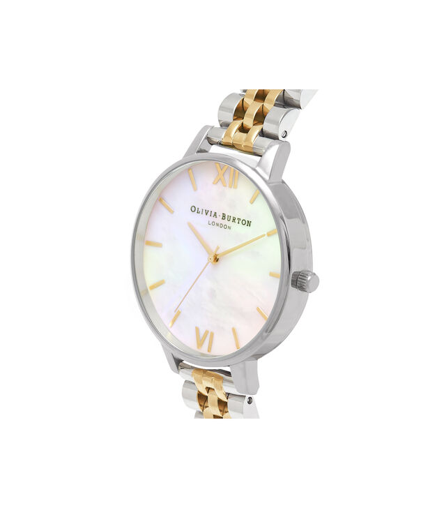 OLIVIA BURTON LONDON  Mother of Pearl White Bracelet, Gold & Silver OB16MOP05 &ndash; Big Dial Round in Gold and Silver - Side view