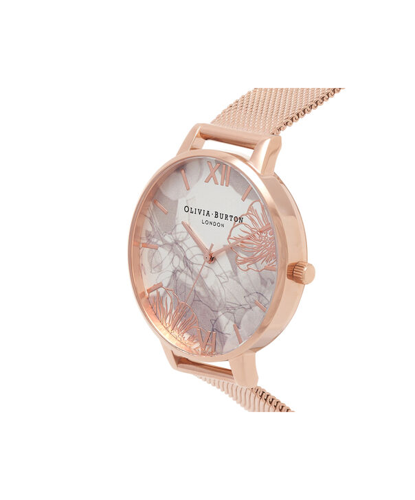 Ladies Abstract Florals Rose Gold Mesh Watch Olivia Burton London