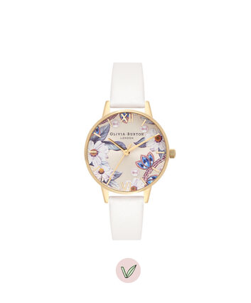 OLIVIA BURTON LONDON  Bejewelled Florals Vegan Nude & Gold OB16BF14 &ndash; Midi Dial Round in Gold and Nude - Front view