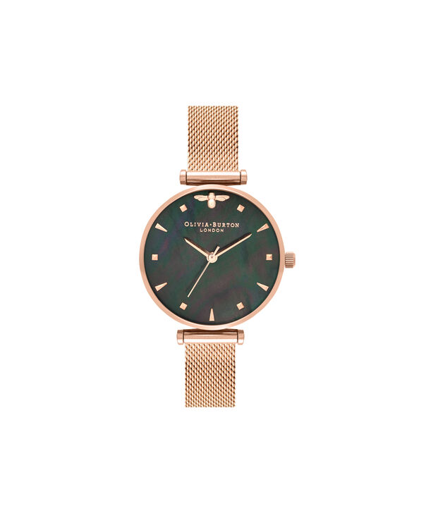 OLIVIA BURTON LONDON  Queen Bee Black Mother of Pearl Rose Gold Mesh OB16AM145 &ndash; Midi Dial Round in Rose Gold - Front view