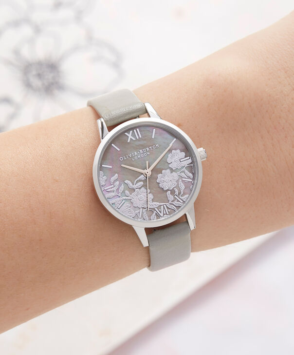 OLIVIA BURTON LONDON  Lace Detail Mother of Pearl Light Grey & Silver OB16MV93 &ndash; Midi Dial Round in Silver and Grey - Other view