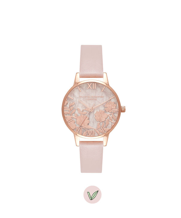 OLIVIA BURTON LONDON Semi Precious Rose Quartz Vegan Rose Sand & Rose GoldOB16MV84 &ndash; Midi Dial Round in Rose Gold and Pink - Front view
