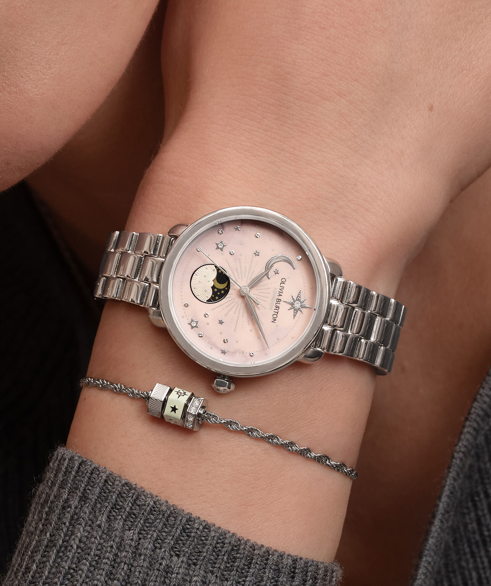 Celestial 34mm Moon Phase Pink & Silver Bracelet Watch | Olivia