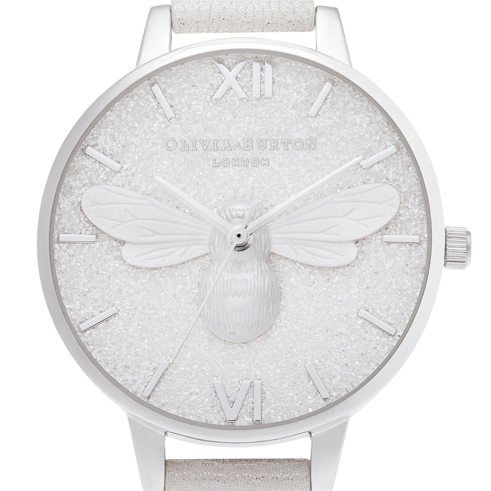34mm Lucky Bee Silver & Grey Leather Strap Watch