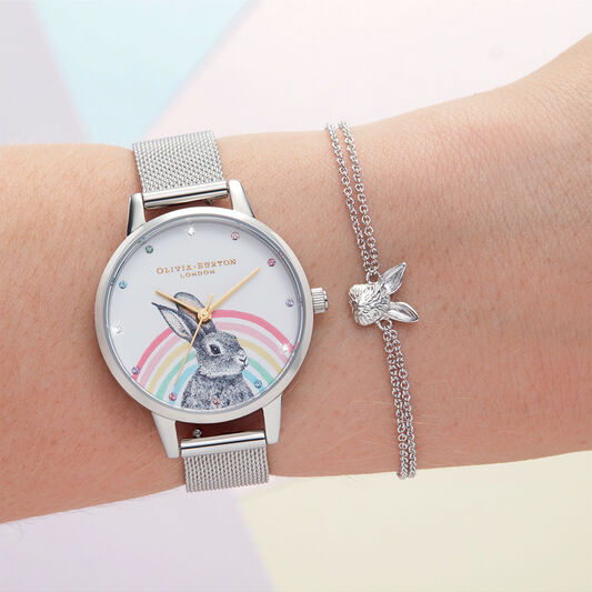 Illustrated Animals Rainbow Bunny, Gold & Silver Mesh