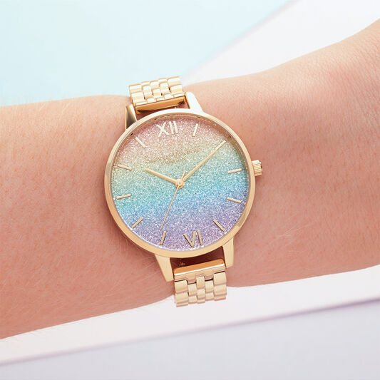 Rainbow Glitter Dial & Gold Bracelet