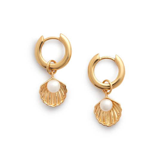 Under The Sea Shell Huggie Hoops White Pearl & Gold