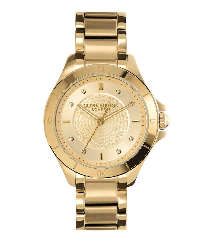 Sports Luxe 36mm Guilloche Champagne & Gold Bracelet Watch | Olivia ...