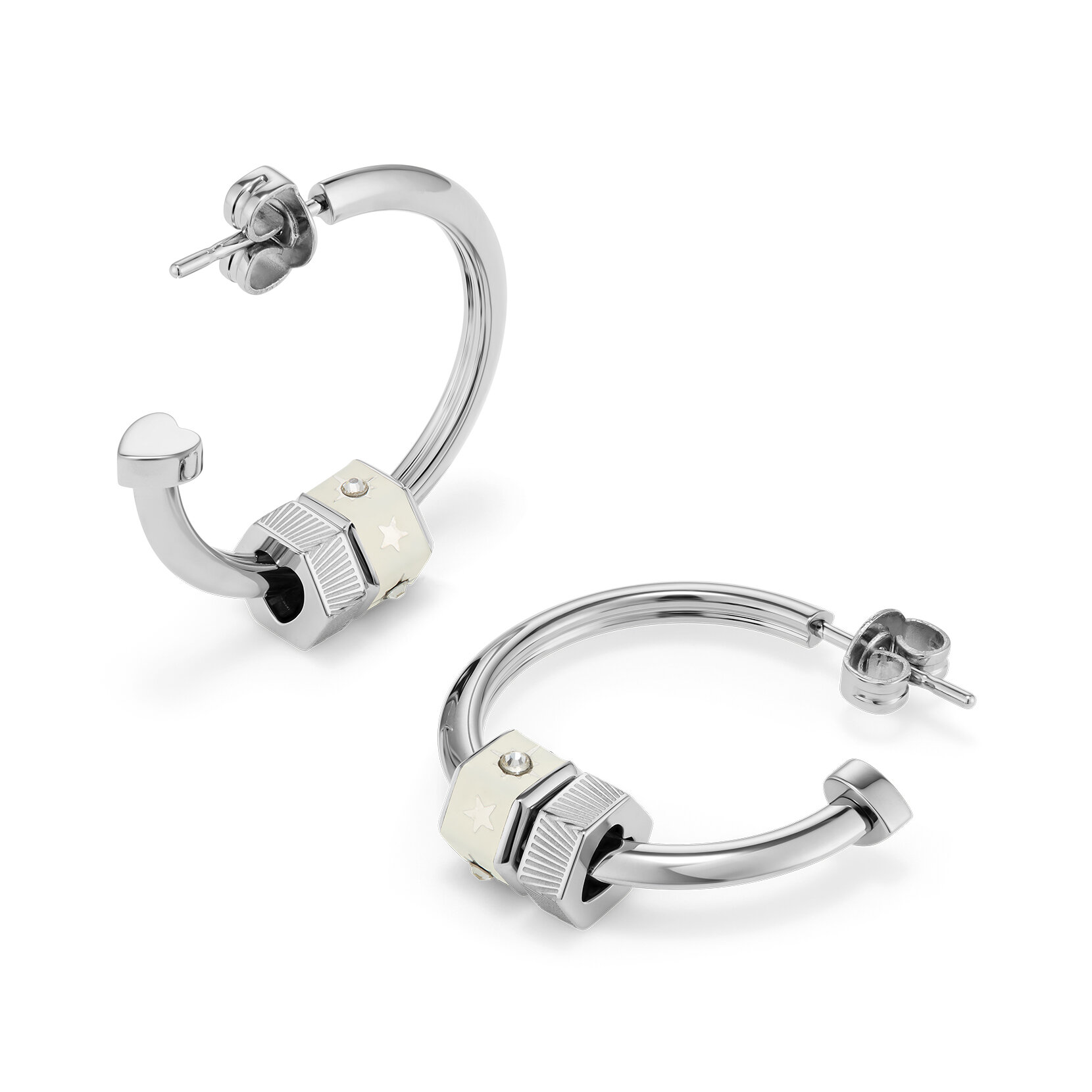 Ivory & Silver Tone Bead Charm Hoop Earrings
