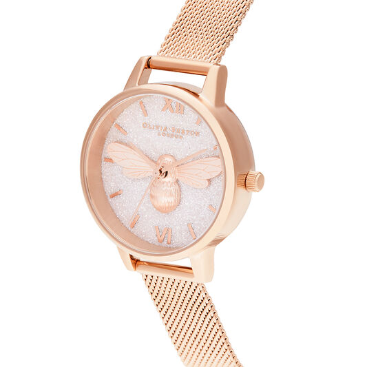 Glitter Dial Lucky Bee & Rose Gold Mesh