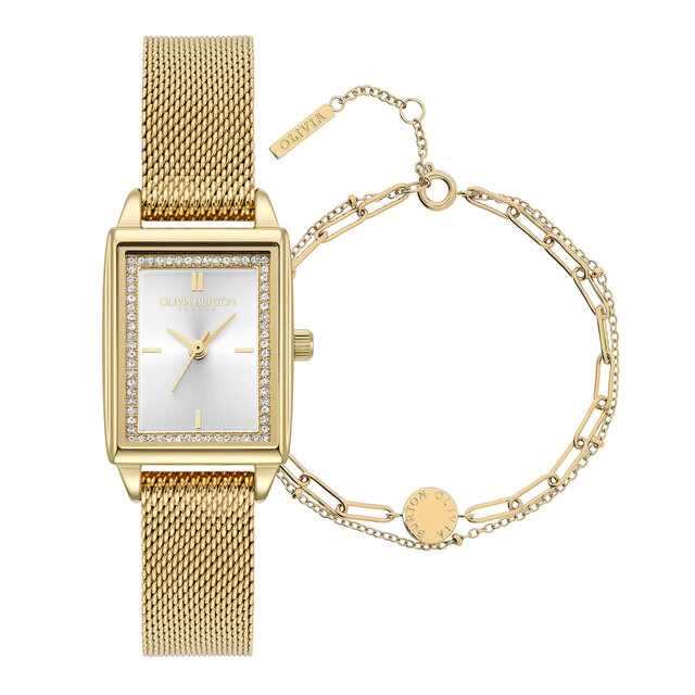 21mm Rectangle White & Gold Mesh Watch & Illusion Bracelet Gift Set