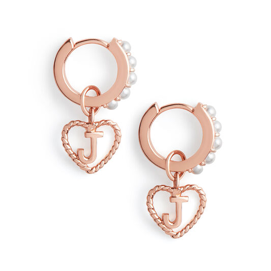 'J' Faux Pearl Heart Initial Huggie Hoop Rose Gold