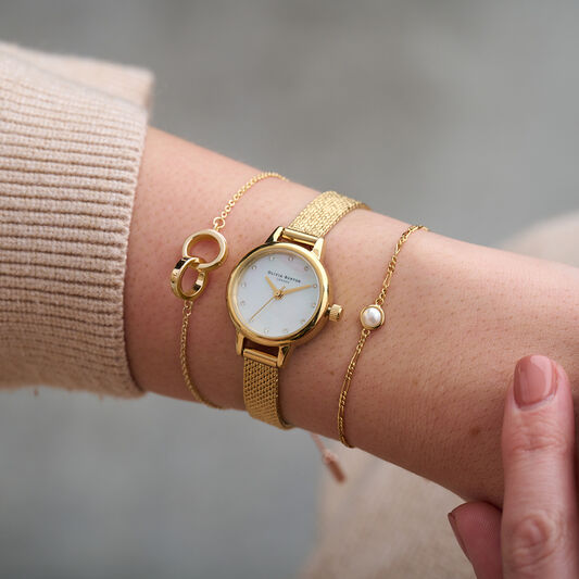 Classic Mini Dial Mesh Watch, Interlink & Pearl Bracelet Gold Stacking Set