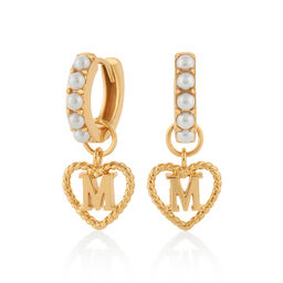 'M' Faux Pearl Heart Initial Huggie Hoop Gold