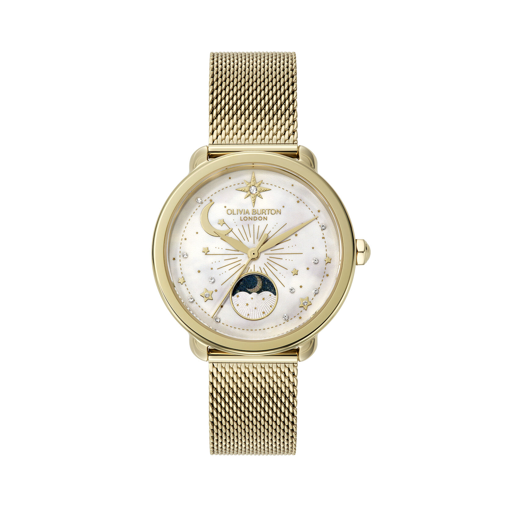 Celestial 34mm Moon Phase White & Gold Mesh Watch | Olivia