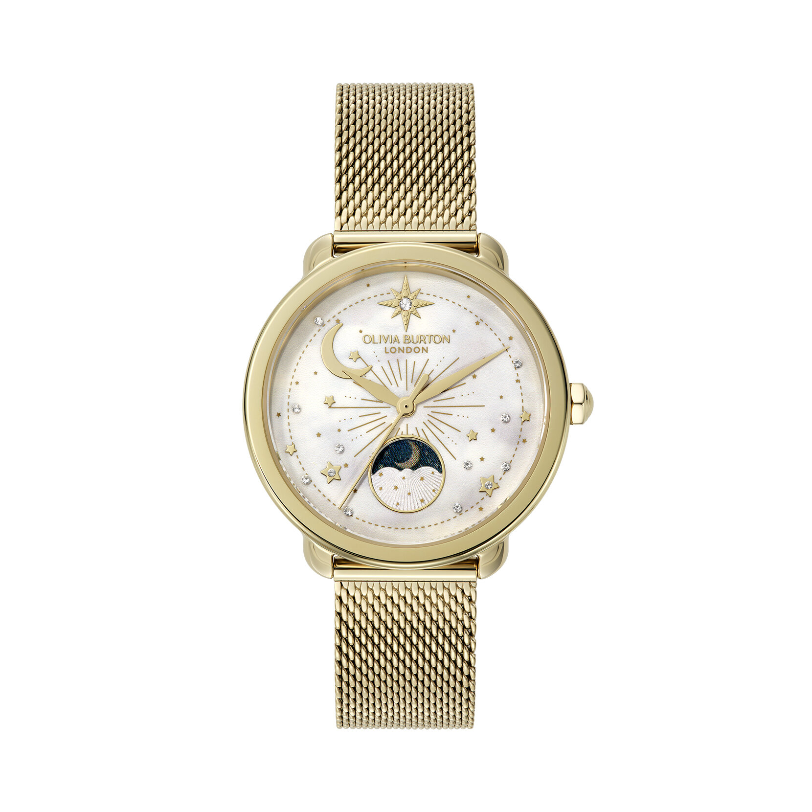 34mm Moon Phase White & Gold Mesh Watch