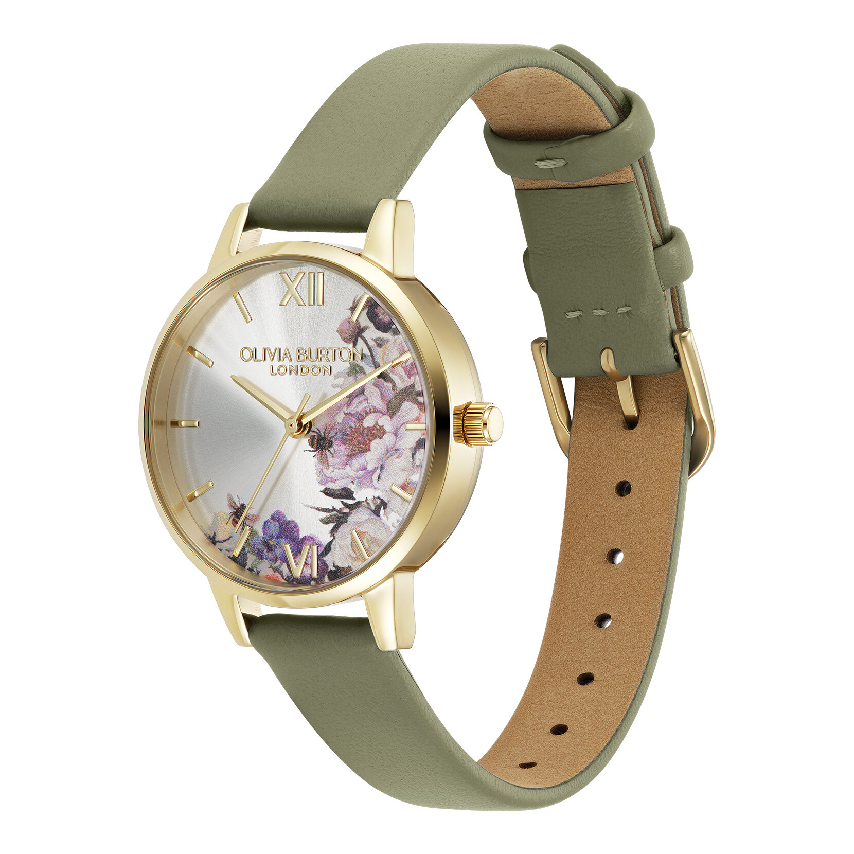 30mm Illustrated Florals Gold & Sage Green Leather Strap Watch