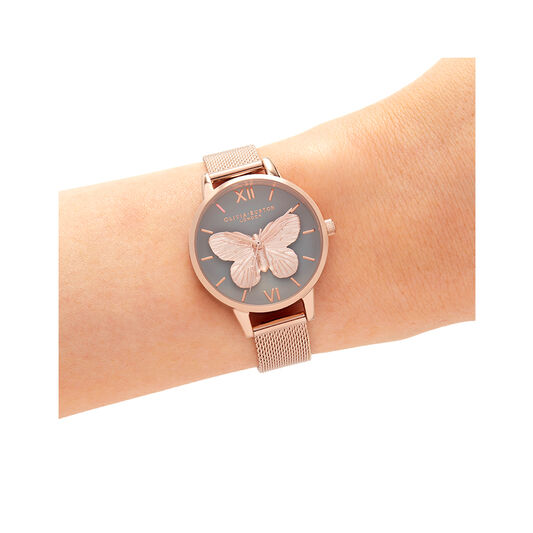 3D Butterly Grey Dial & Rose Gold Mesh