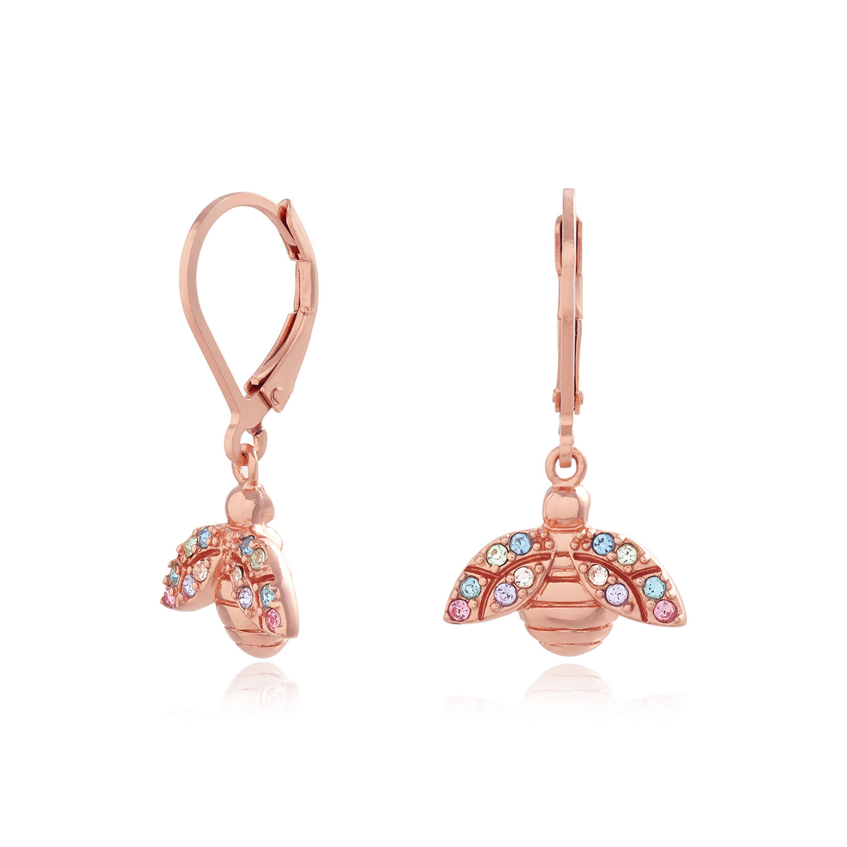 Rainbow Bee Rose Gold Bee Lever Back Hoops