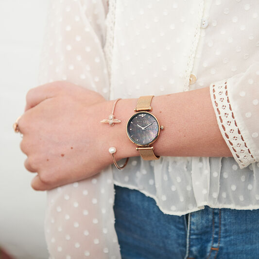 Queen Bee Black Mother of Pearl Rose Gold Mesh