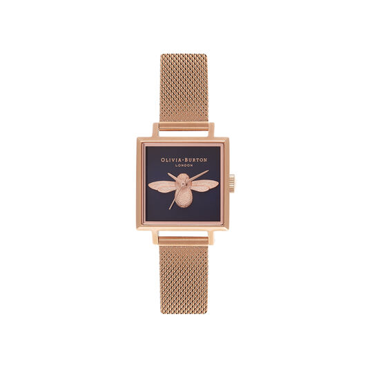 Square Dial 3d Bee Midnight Rose Gold Mesh Watch