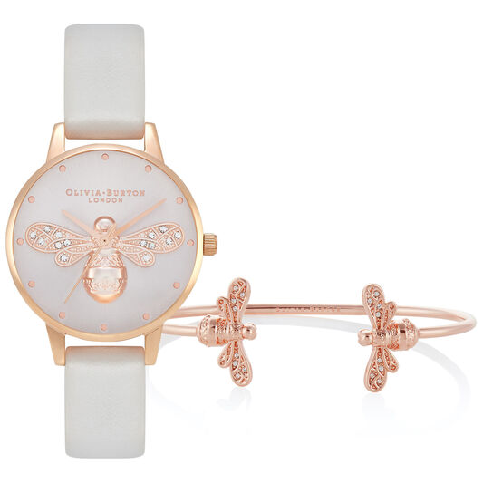 Sparkle Bee 30mm Rose Gold & gray Leather Strap Watch & Rose Gold Bangle Gift Set