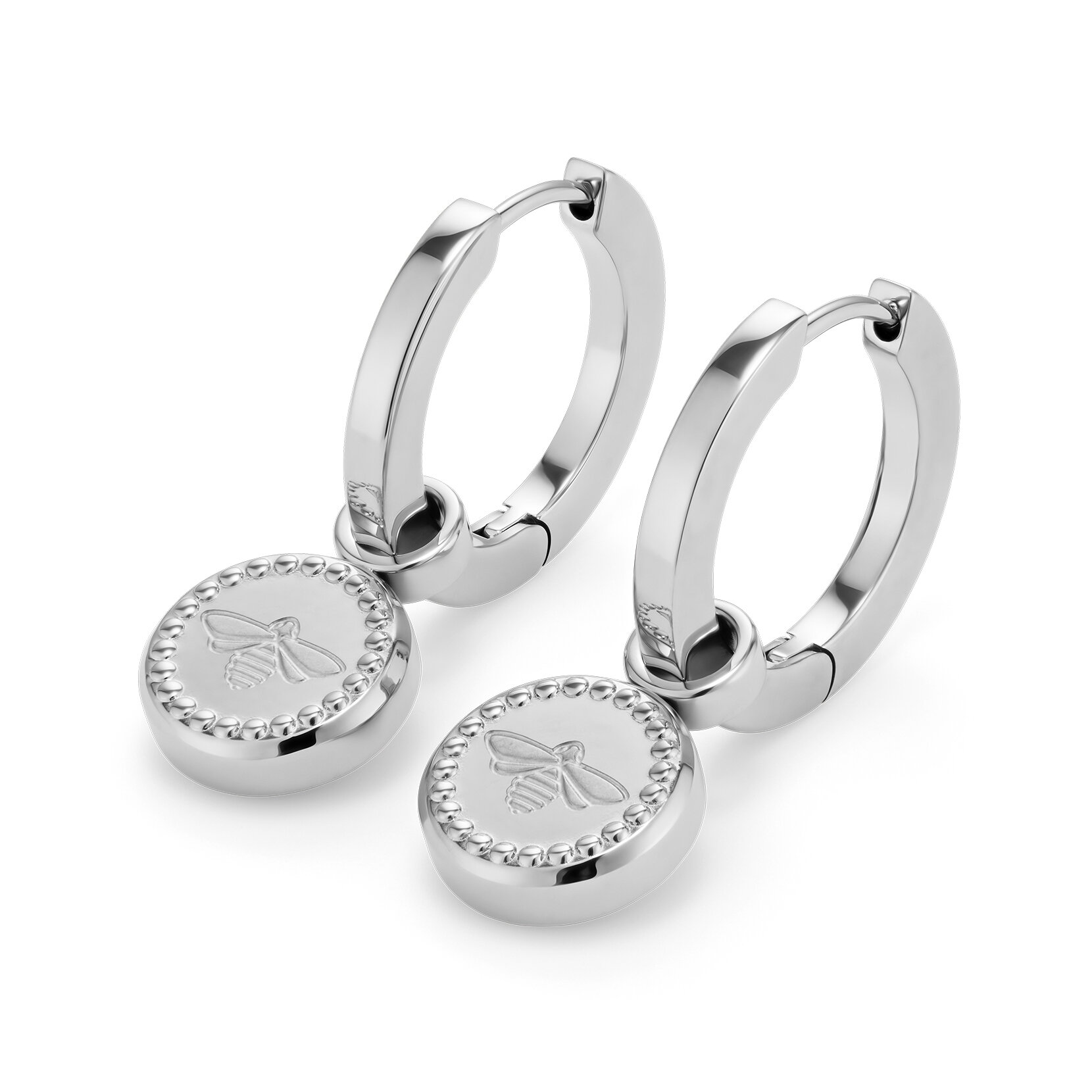 Bee Charm Silver Tone Hoop Earrings
