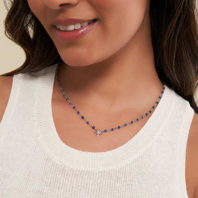 North Star Blue & Silver Tone Beaded Charm Necklace
