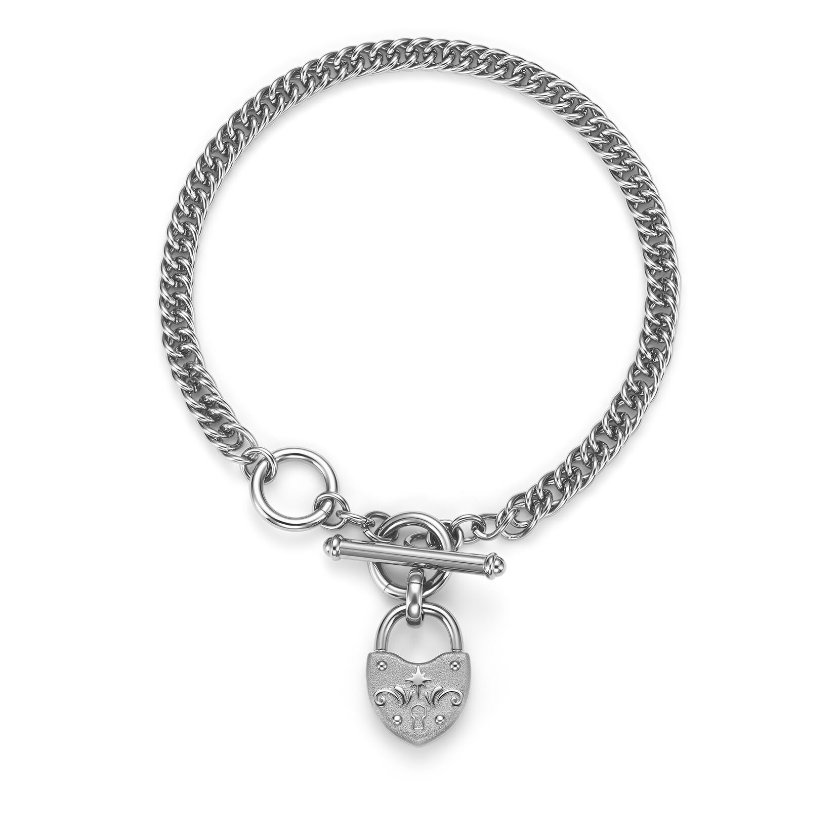 Lock Heart Silver Tone Toggle Bracelet