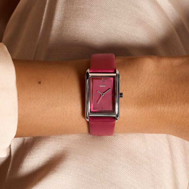 23mm Grove Silver & Cranberry Leather Strap Watch