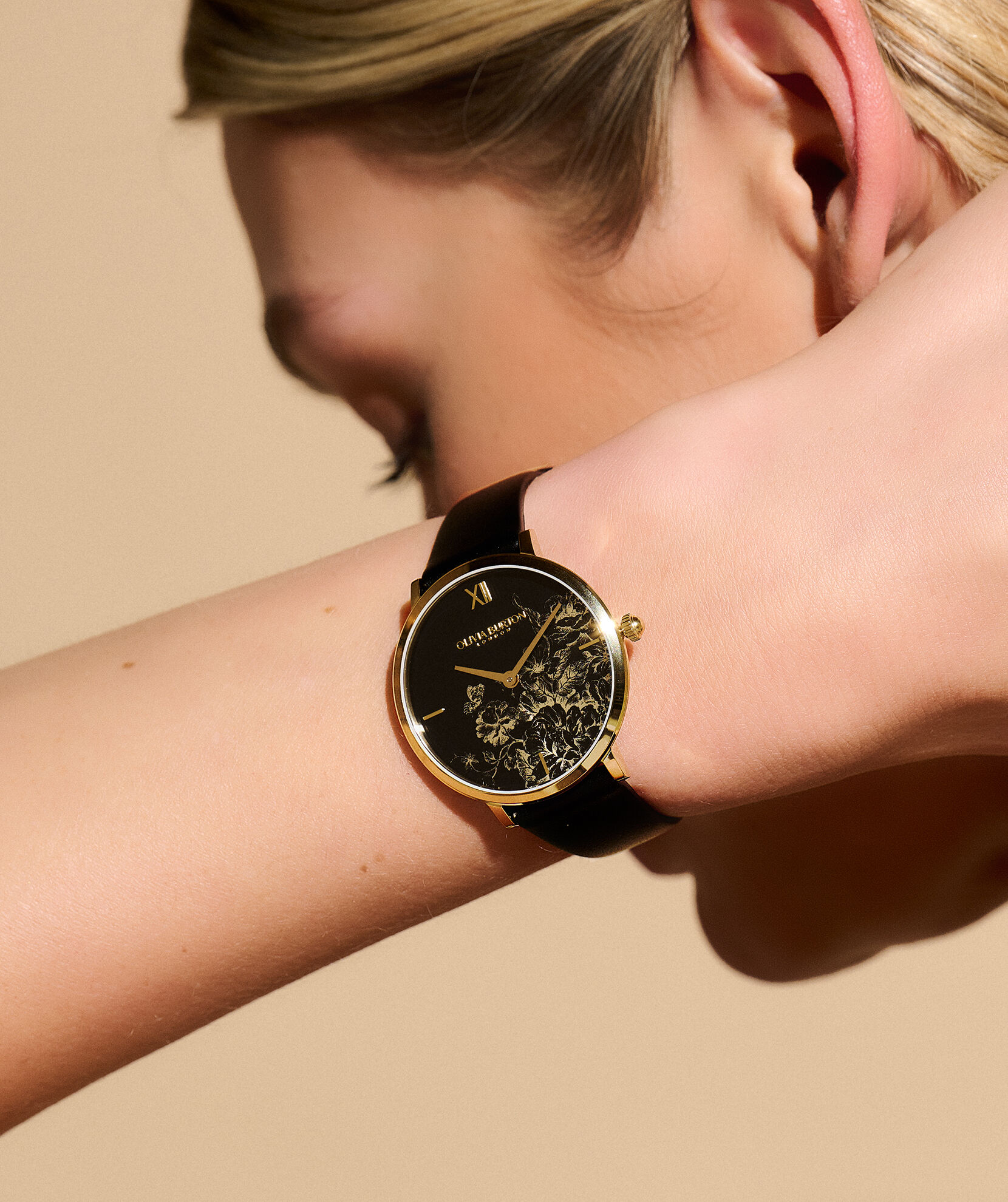 35mm Floral Blooms Ultra Slim Gold Black Leather Strap Watch