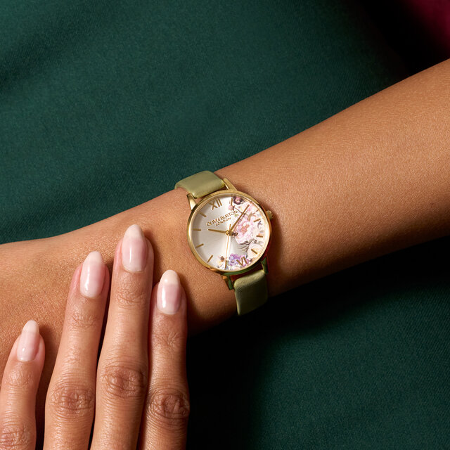 30mm Illustrated Florals Gold & Sage Green Leather Strap Watch