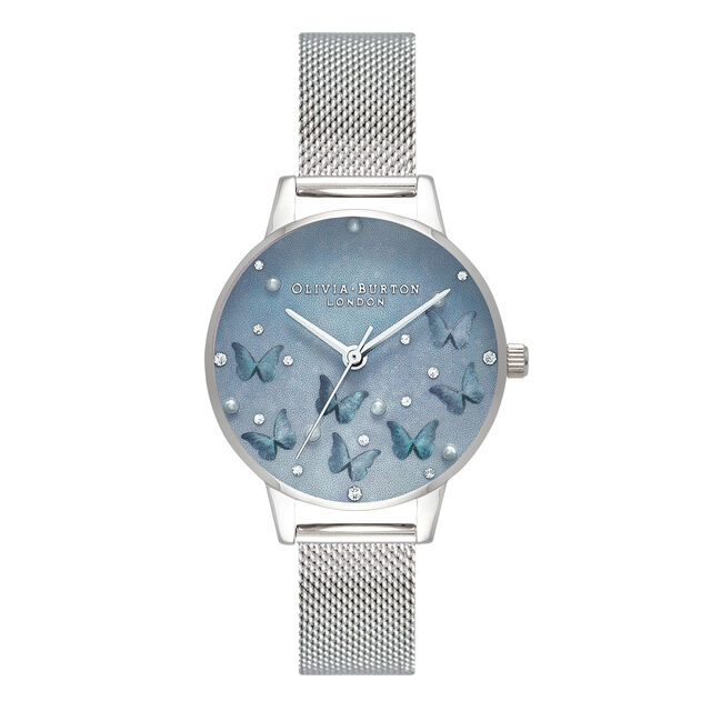 Pale Blue Mother Of Pearl Butterflies & Faux Pearl Midi Dial Silver Mesh Watch