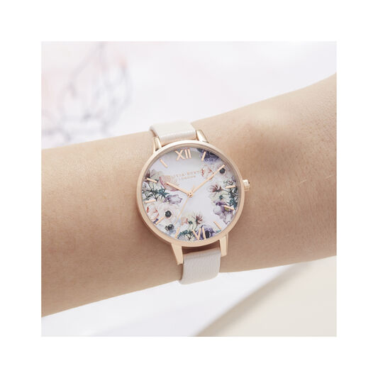 Watercolor Florals Demi Dial Watch with Nude Mother-Of-Pearl