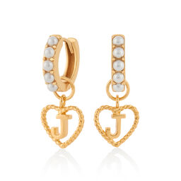 'J' Faux Pearl Heart Initial Huggie Hoop Gold