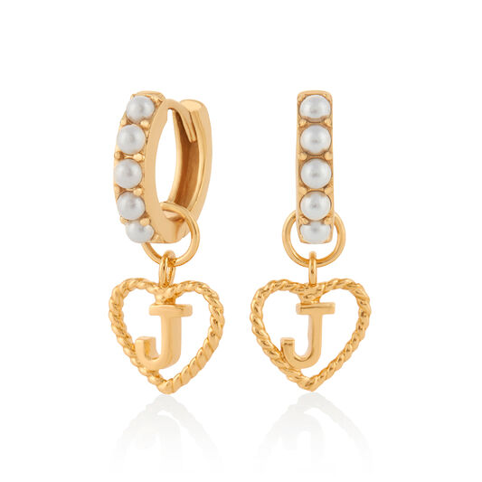 'J' Faux Pearl Heart Initial Huggie Hoop Gold